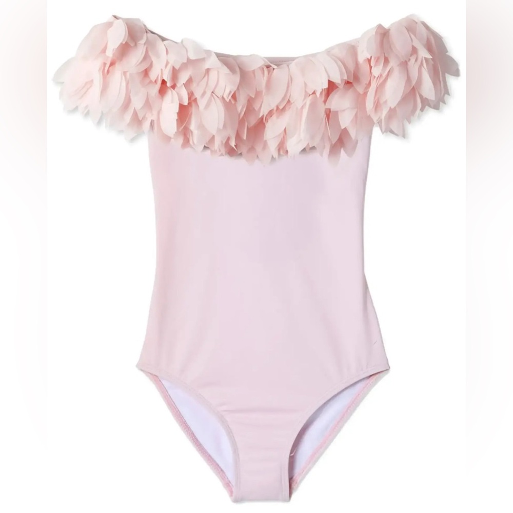 Stella Cove Off Shoulder Ruffle Feathered One Piece Pink Bathing Suit